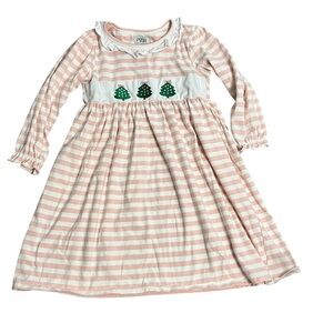 Girls Posh Casual Dress 6 Pink White Striped Christmas Trees